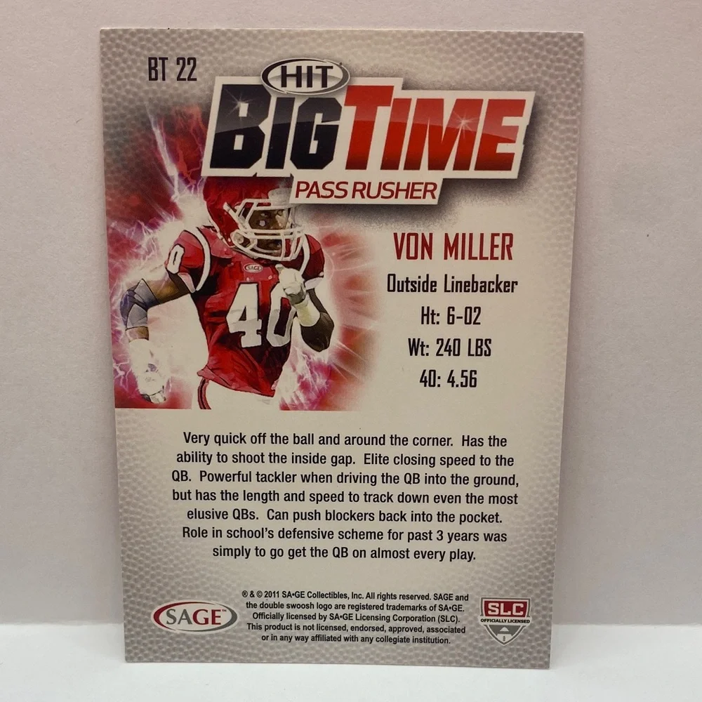 2011 Sage Hit Von Miller Broncos Big Time Pass Rusher Card #BT22 (064)
